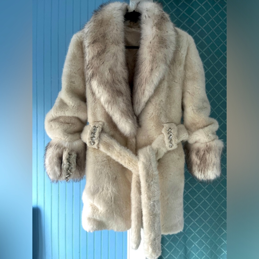 Faux fur winter jacket with silver fox tail collar